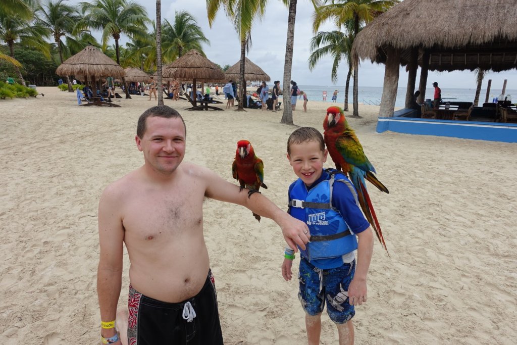 man and boy with parrots