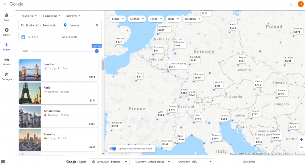 Results from Google Flights showing flight options from several airports around NYC to destinations in Europe