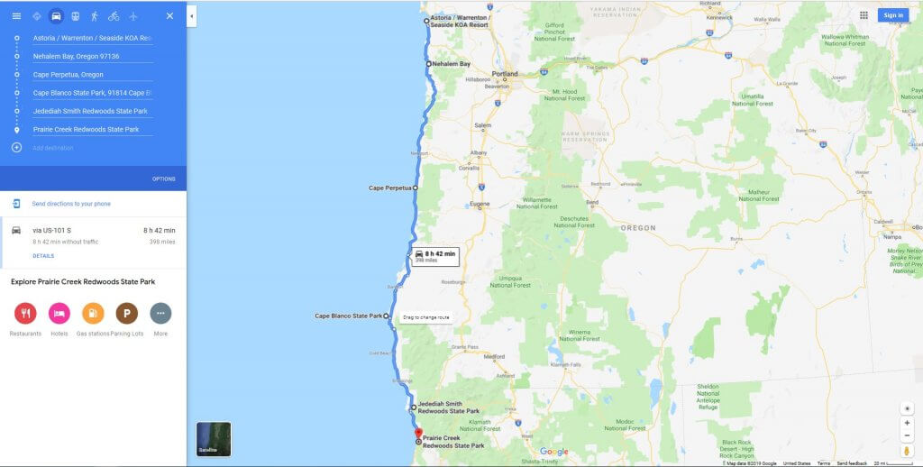 map with 6 stops shown along the Oregon Coast