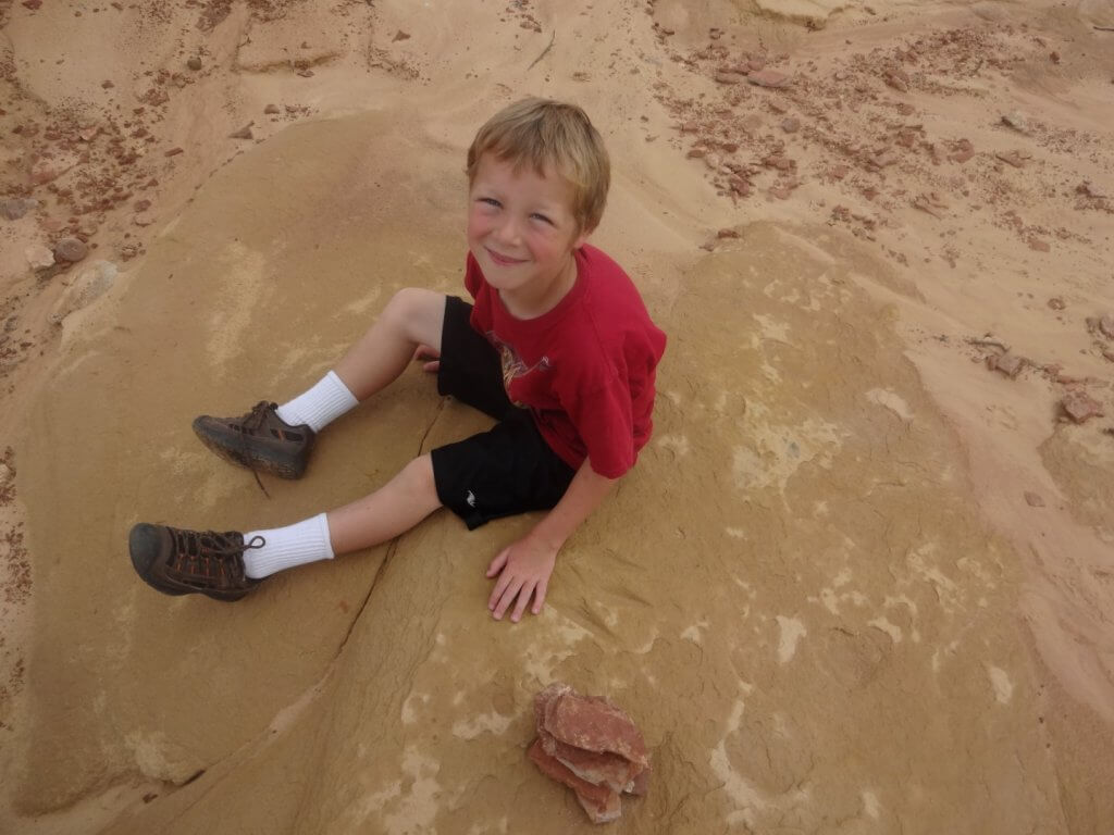 boy with hand next to dinosaur print in rock