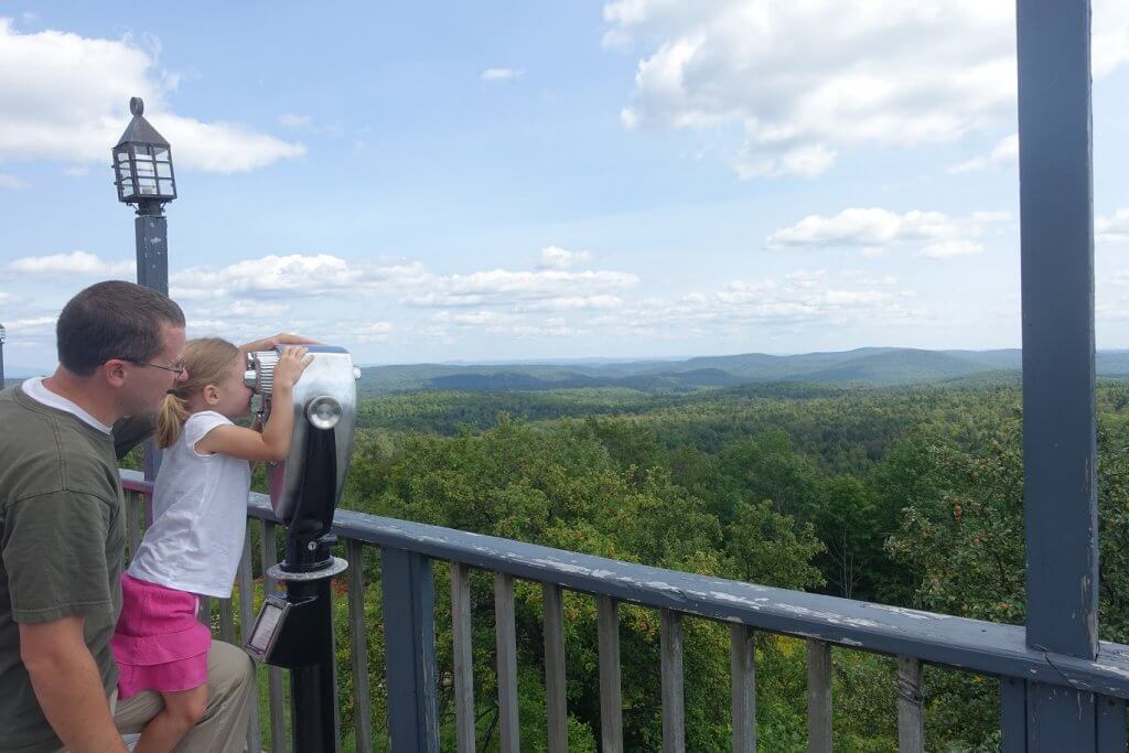 father and daughter looking at view of green trees