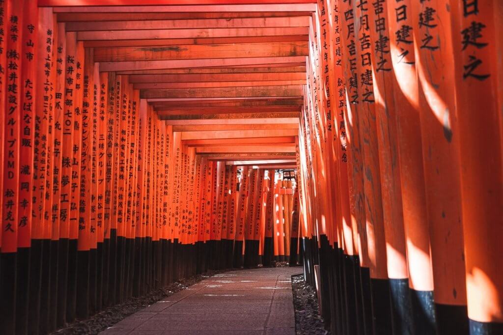 Red torii gate tunnel at Japanese shrine