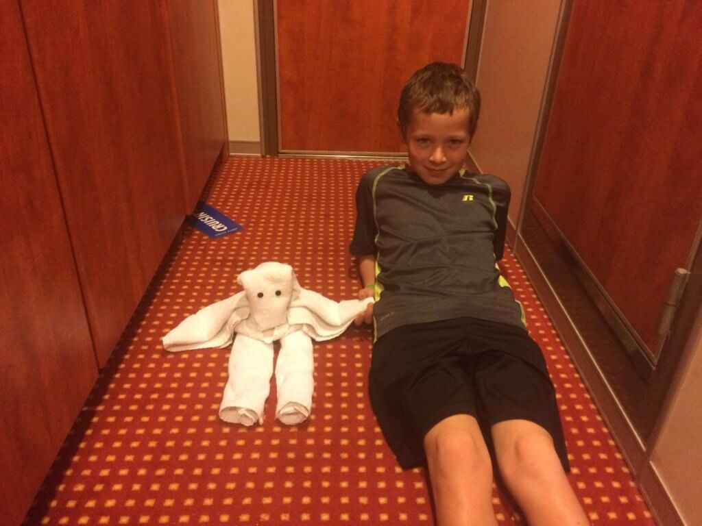 boy with a folded towel animal