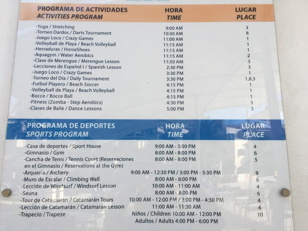 list of activities at resort