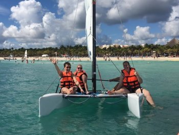 women on a catamaran