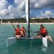 women on a catamaran