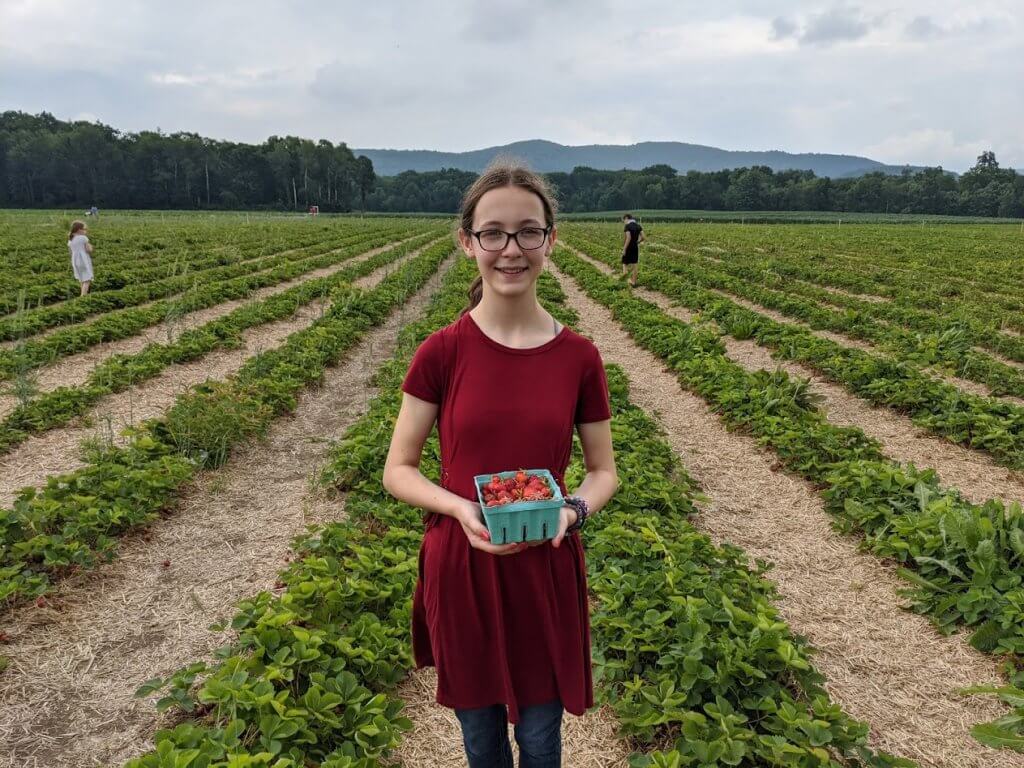 girl holding strawberries in berry patch