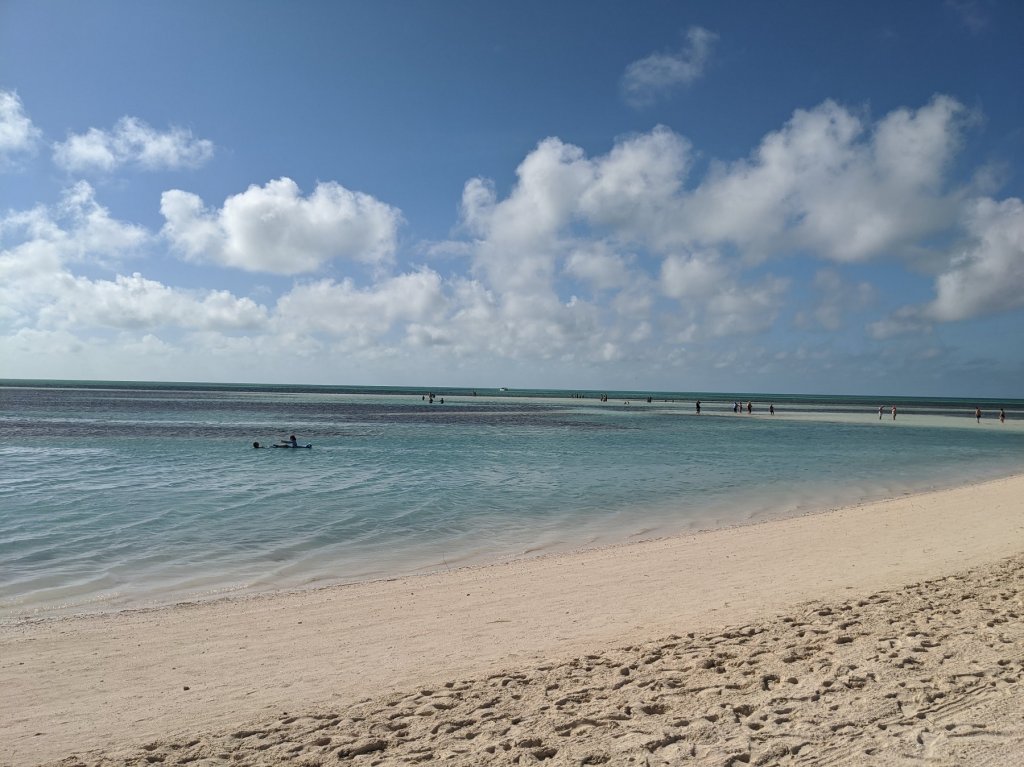 people wading on shallow ocean sandbar