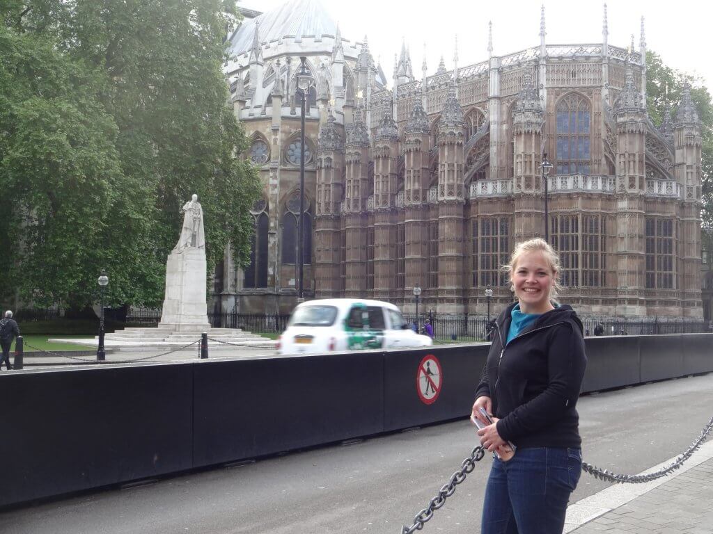 woman in front of church