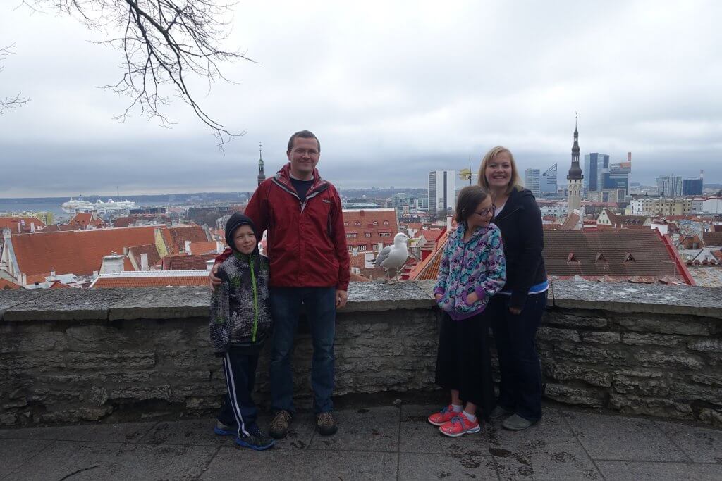 parents and kids standing at lookout over city