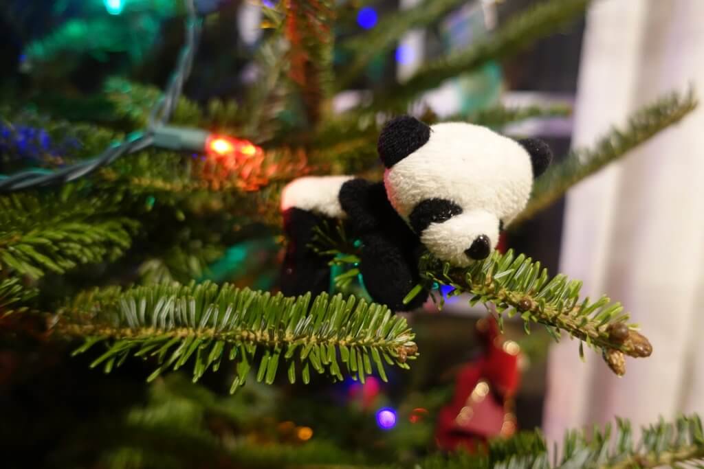 stuffed panda on a Christmas tree