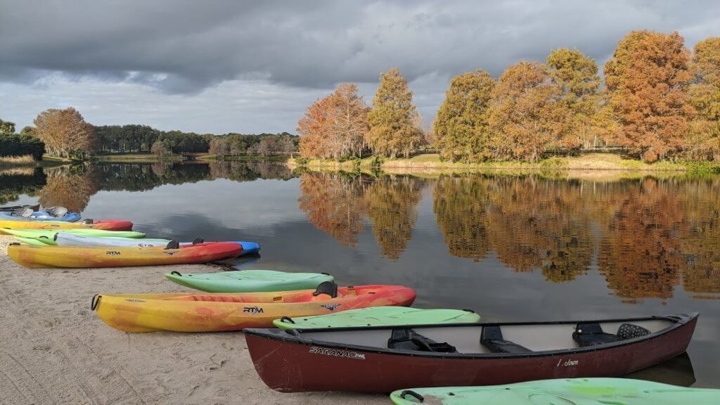 lake with canoes and kayaks and trees