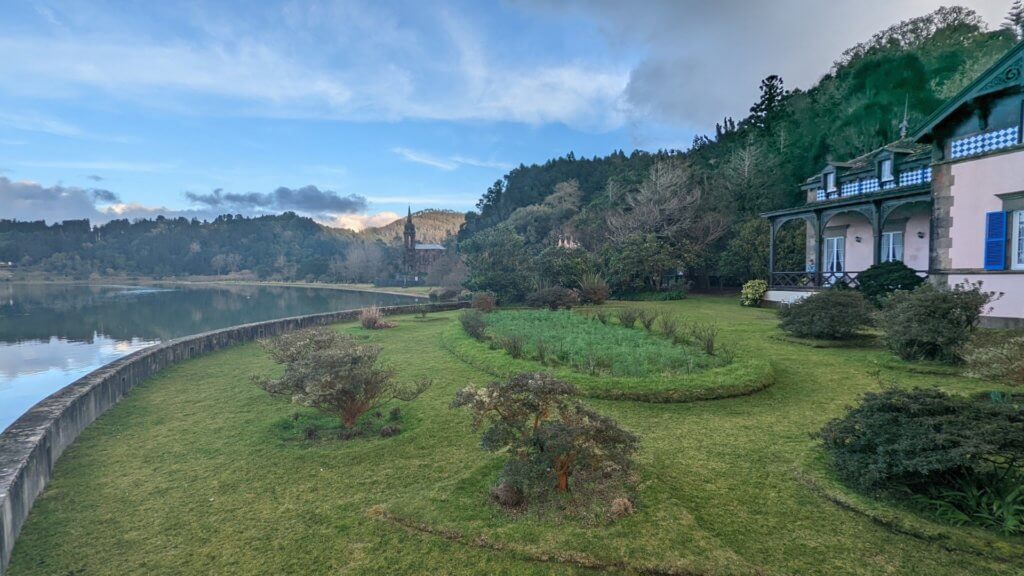 house and church on lake