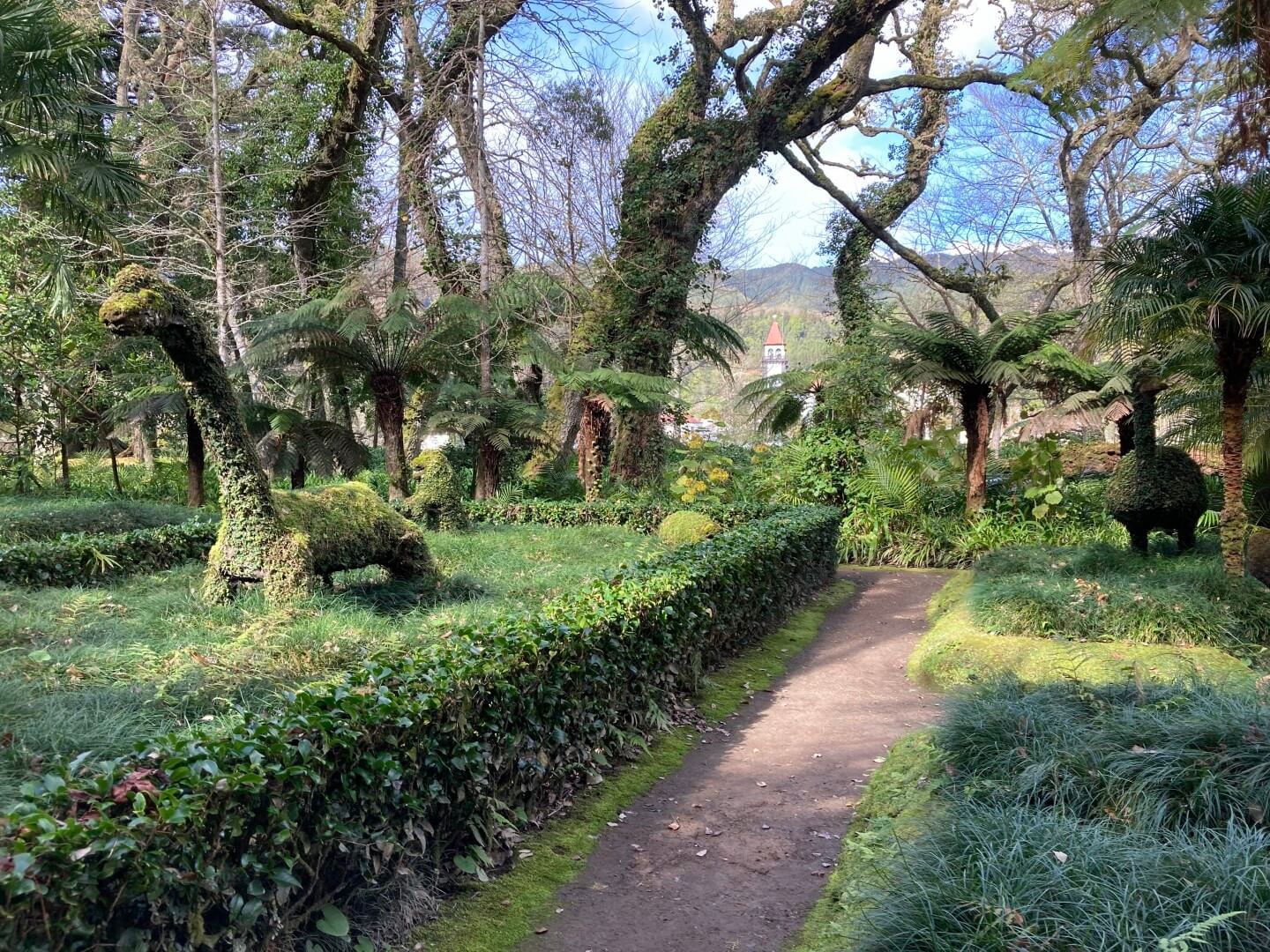 garden path with dinosaur bush