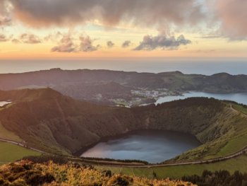 crater lake at sunset