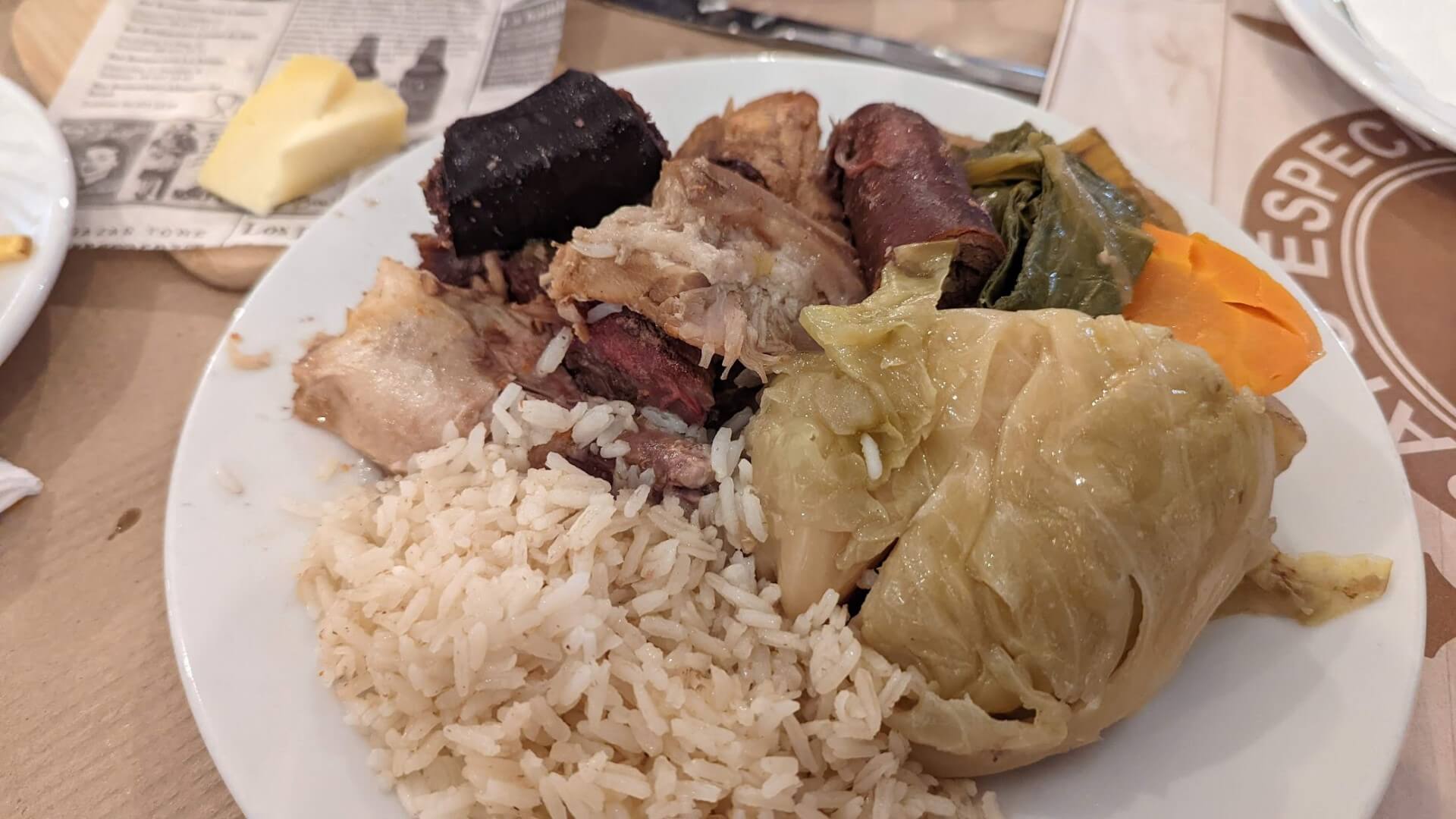 plate of rice, cabbage, meat